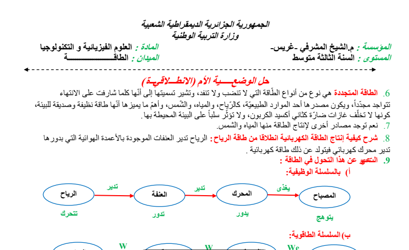 الوضعية الانطلاقية - الطاقة - الثالثة متوسط الأستاذ : قلالش فتحي