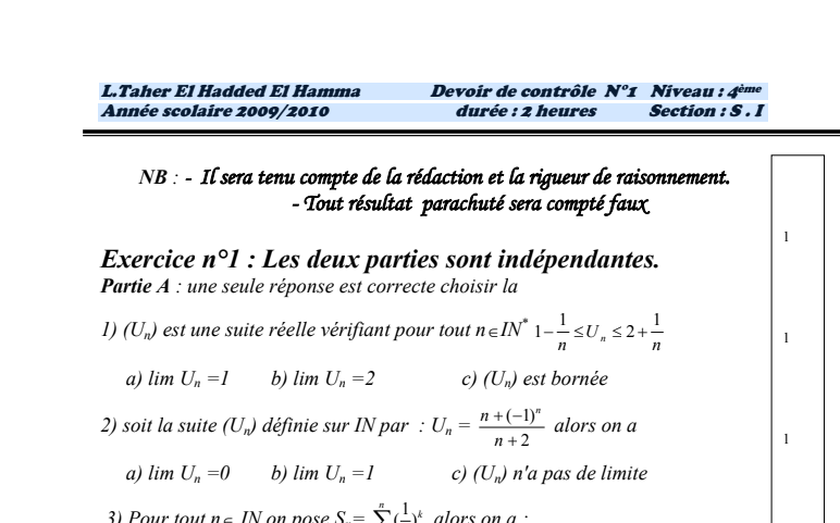 Devoir de contrôle N°1 mathématiques 4ème Sciences Informatique