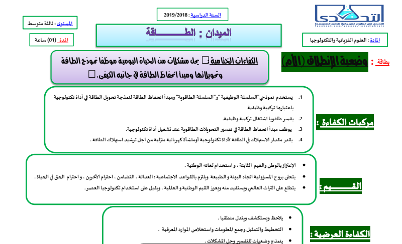 الوضعية الانطلاقية - الطاقة - الثالثة متوسط حمادة مرزوقي